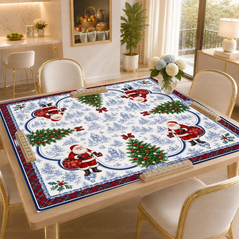 Chinoiserie Christmas Santa Mahjong Mat, Luxury Blue White Festive Tartan Game Mat, Non-Slip Table Protect Cover