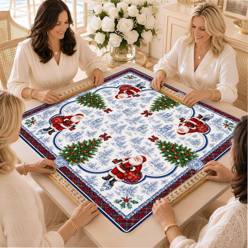 Chinoiserie Christmas Santa Mahjong Mat, Luxury Blue White Festive Tartan Game Mat, Non-Slip Table Protect Cover