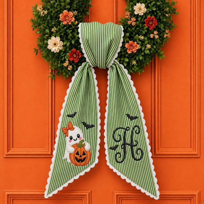 Custom Embroidery Halloween Ghost with Bat Name Sash, Embroidery Monogram Spooky Bow, Halloween Front Door Decor