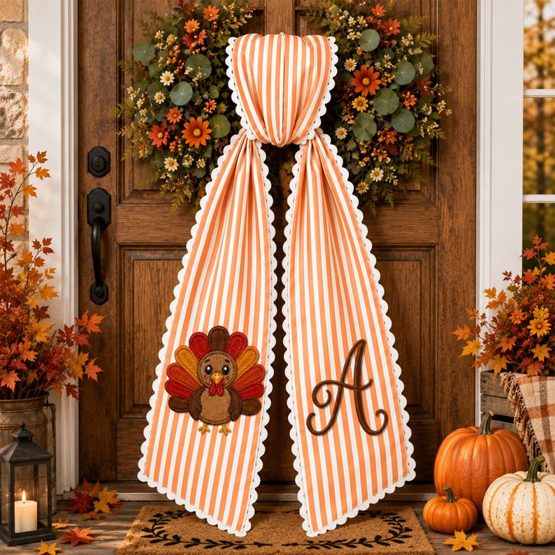 Personalized Embroidered Thanksgiving Wreath Sash, Custom Monogram Gingham Stripes Fall Wreath Bow, Thanksgiving Gift