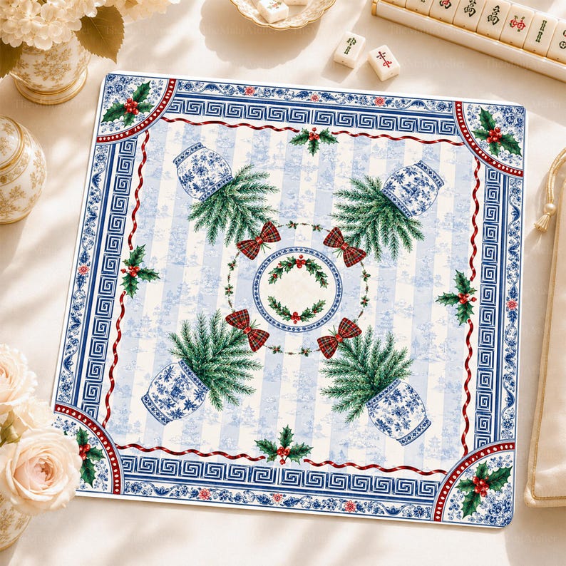 Chinoiserie Christmas Tree Mahjong Mat, Blue and White Holly Holiday Game Mat, Non-Slip Table Cover