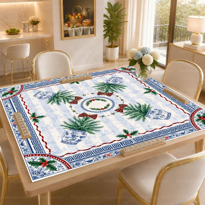 Chinoiserie Christmas Tree Mahjong Mat, Blue and White Holly Holiday Game Mat, Non-Slip Table Cover