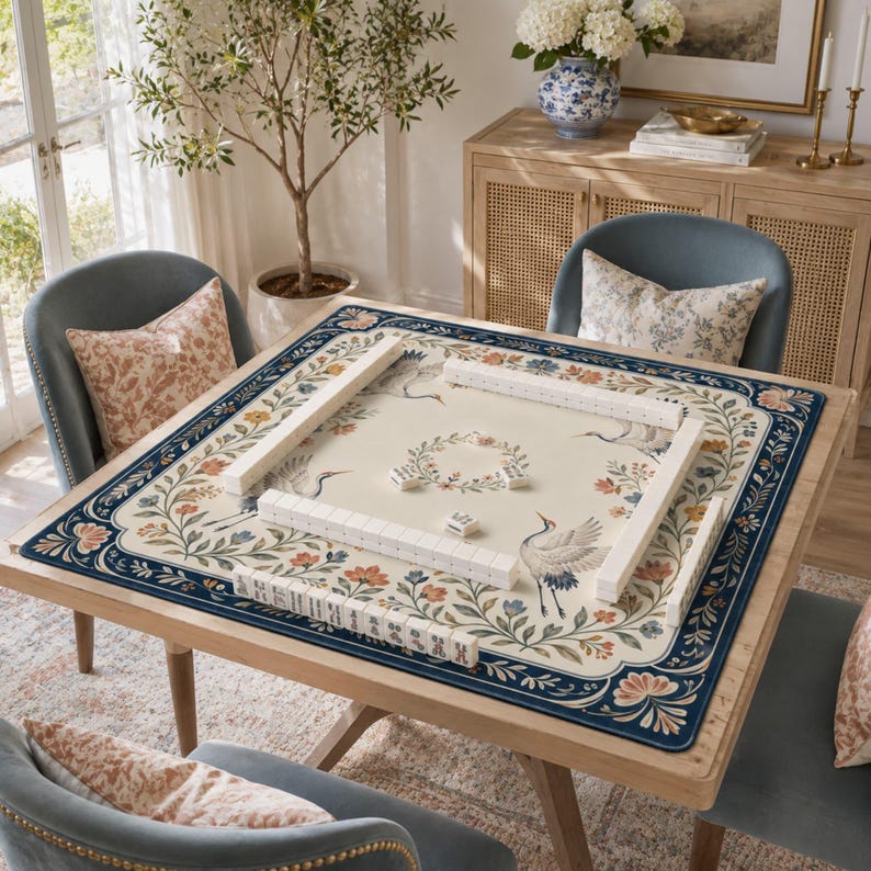 Crane Floral Mahjong Mat, Navy Garden Mahjong Table Cover, Non Slip Waterproof Game Mat
