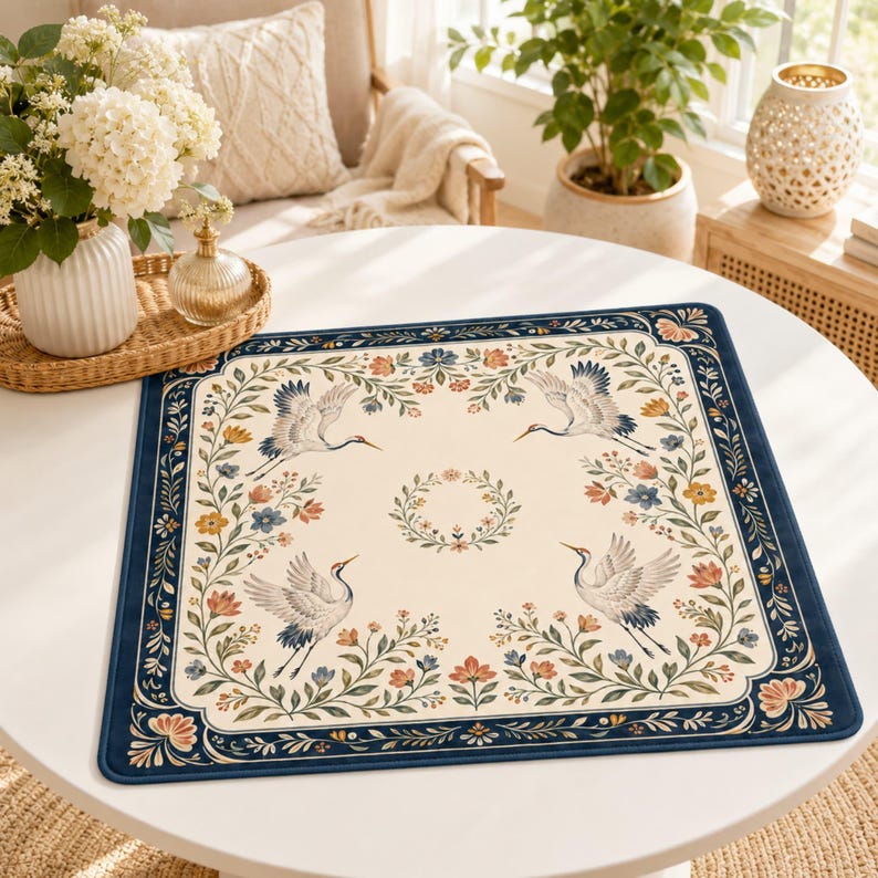 Crane Floral Mahjong Mat, Navy Garden Mahjong Table Cover, Non Slip Waterproof Game Mat