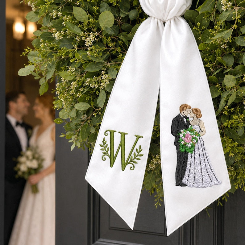 Custom Wedding Portrait Wreath Sash, Embroidered Couple Photo Decor, Monogram Front Door Decor, 1st Anniversary Gift