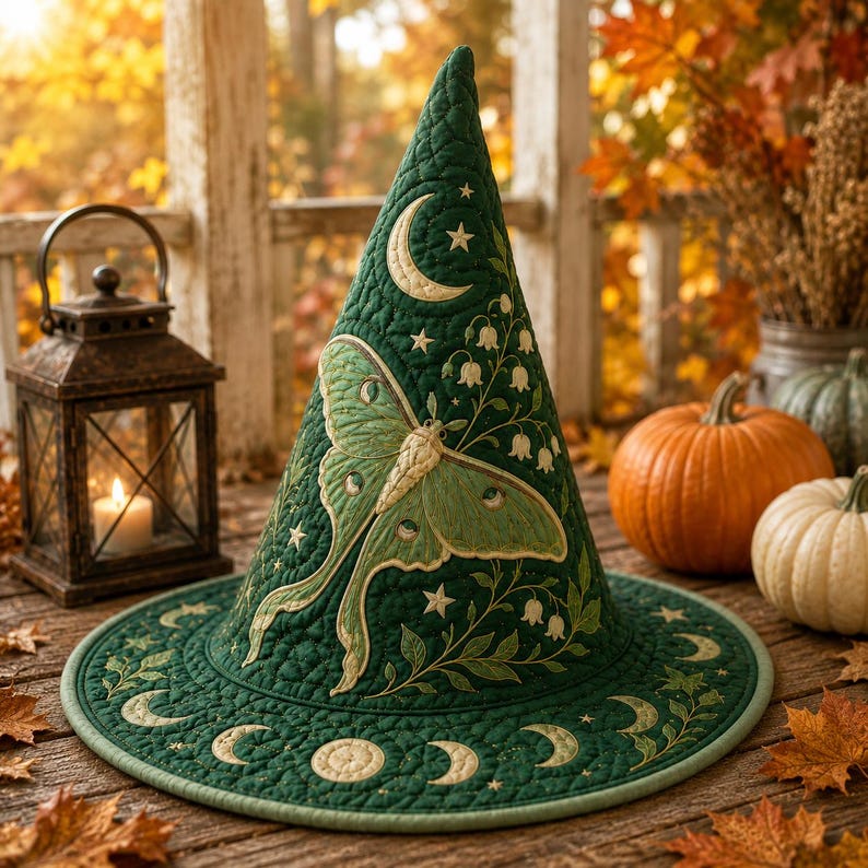 Luna Moth Quilted Witch Hat, Celestial Moon Phase Halloween Decor
