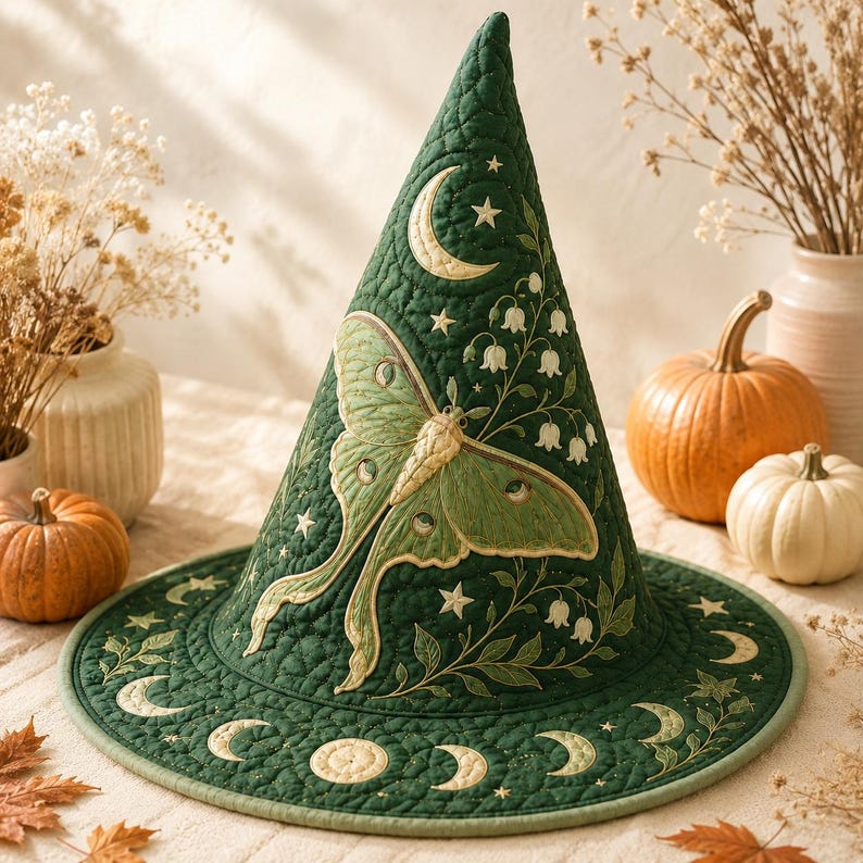 Luna Moth Quilted Witch Hat, Celestial Moon Phase Halloween Decor