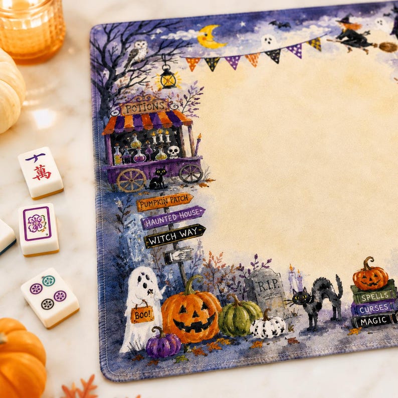 Halloween Witch Watercolor Mahjong Mat, Spooky Game Night Tile Table Mat, Mahjong Gift, Mahjong Accessories