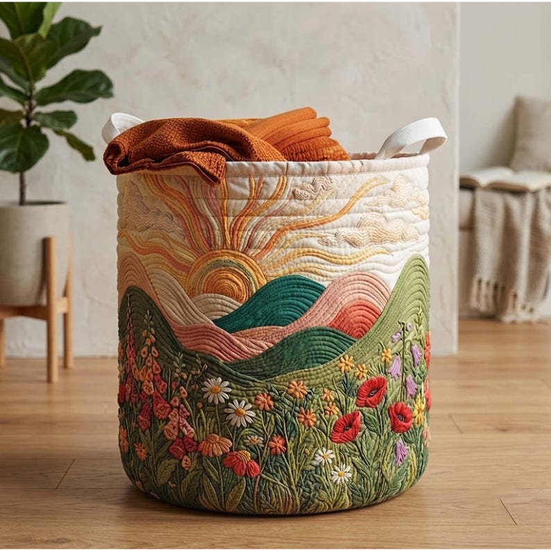 Blooming Hill Quilted Laundry Basket, Floral Garden Clothes Hamper, Floral Lover Gift