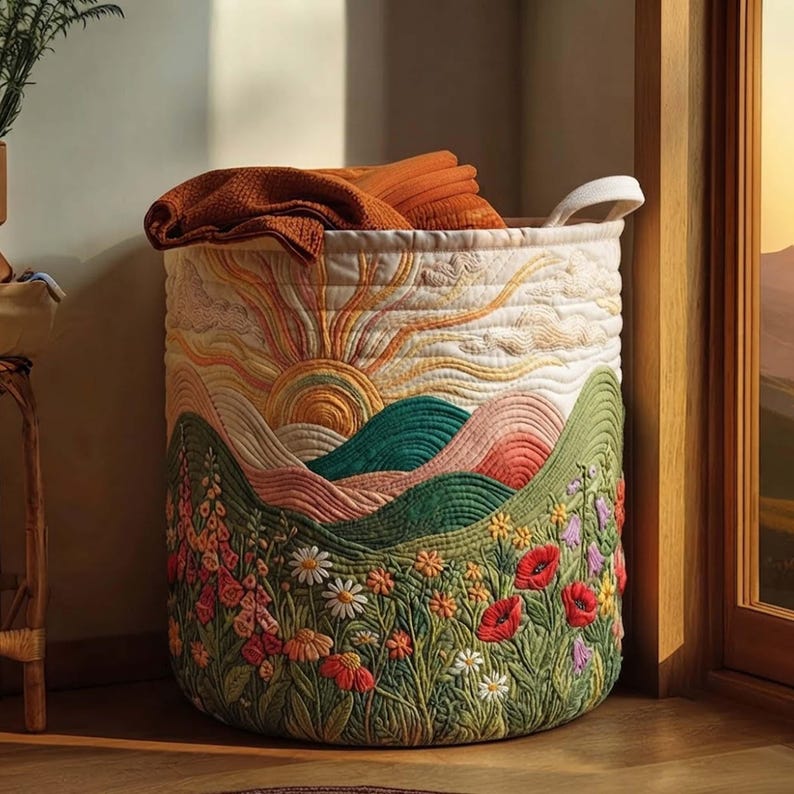 Blooming Hill Quilted Laundry Basket, Floral Garden Clothes Hamper, Floral Lover Gift