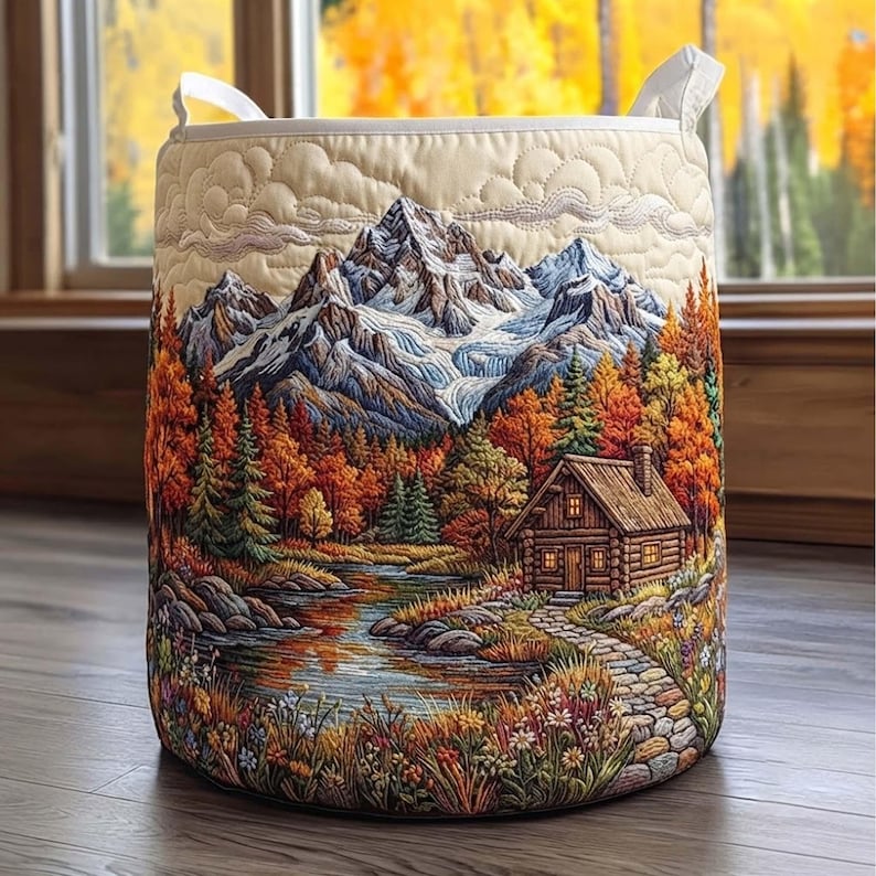 Rustic Cabin Quilted Laundry Basket, Mountain Clothes Hamper, Nature Forest Storage Bin