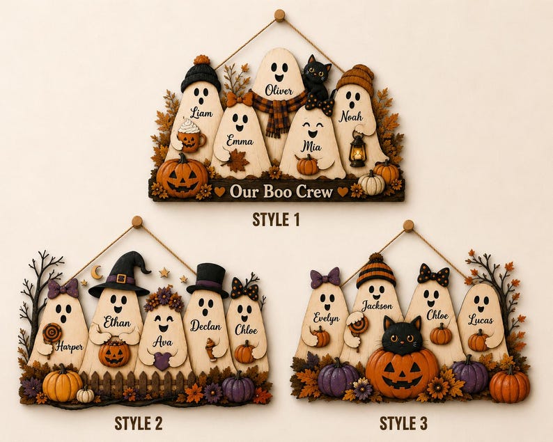 Personalized Ghost Family Wooden Sign, Custom Kids Name Halloween Door Hanger, Pumpkin Fall Porch Decor