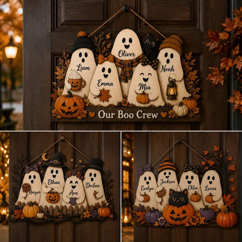 Personalized Ghost Family Wooden Sign, Custom Kids Name Halloween Door Hanger, Pumpkin Fall Porch Decor