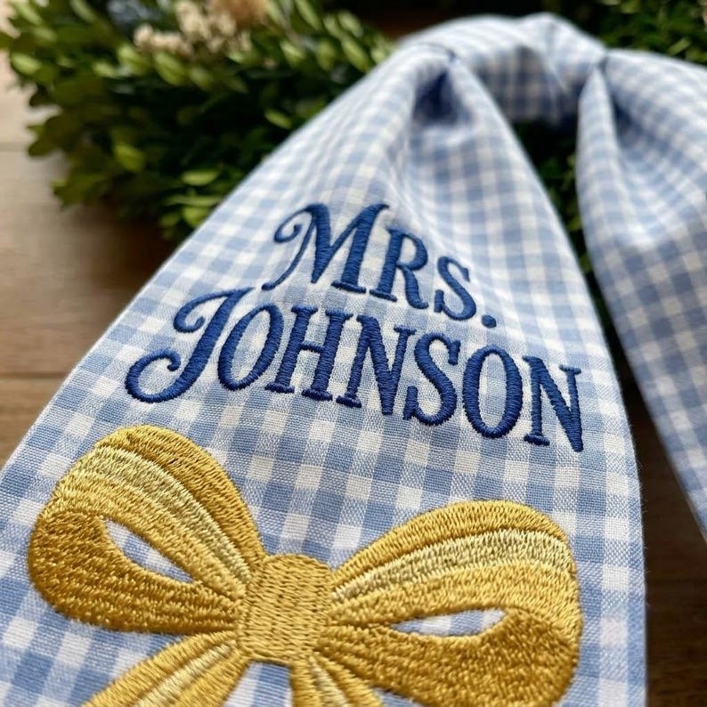 Custom Name Teacher Wreath Sash, Embroidered Gingham Door Bow, Teacher Appreciation Gift, Back to School