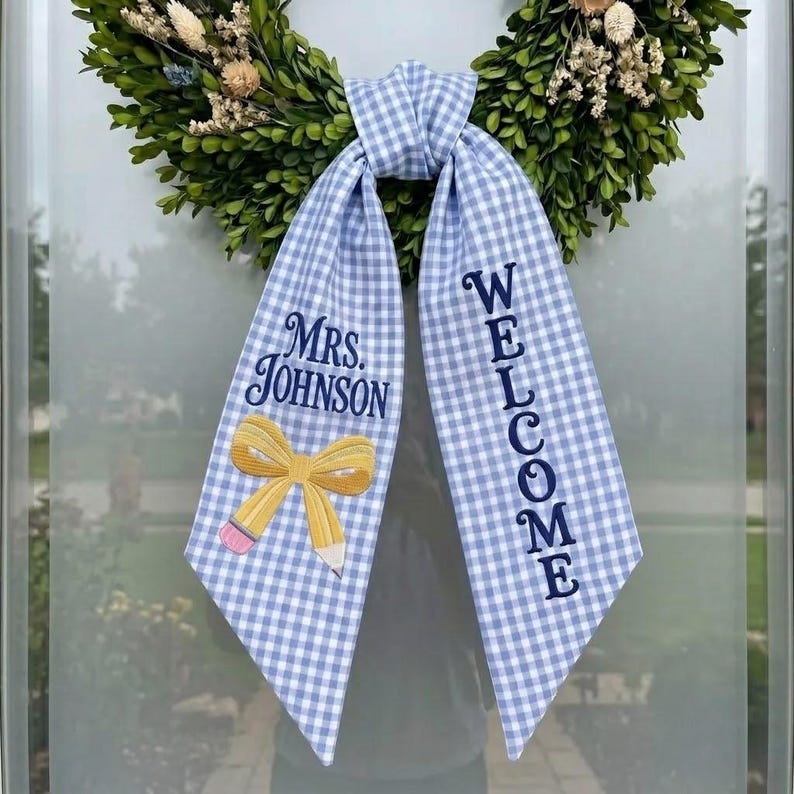 Custom Name Teacher Wreath Sash, Embroidered Gingham Door Bow, Teacher Appreciation Gift, Back to School