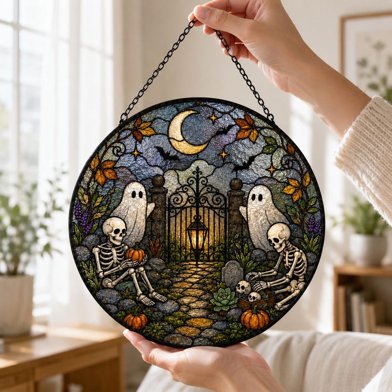 Haunted Garden Stained Glass Suncatcher, Ghost & Skeleton Halloween Window Hanging, Spooky Garden Decor Gift