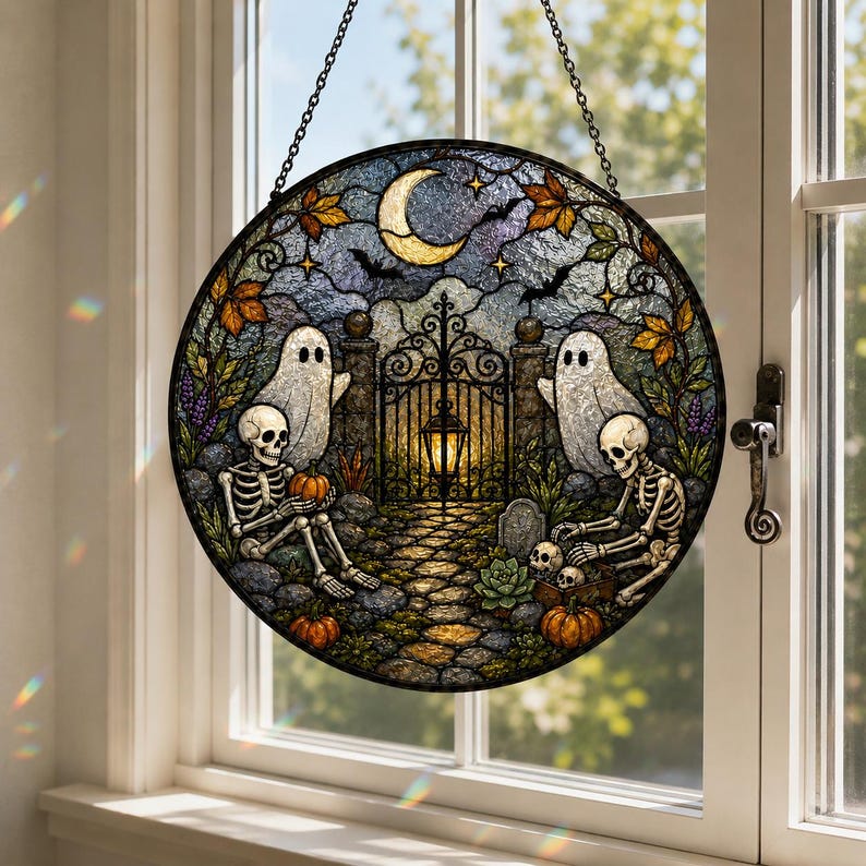 Haunted Garden Stained Glass Suncatcher, Ghost & Skeleton Halloween Window Hanging, Spooky Garden Decor Gift