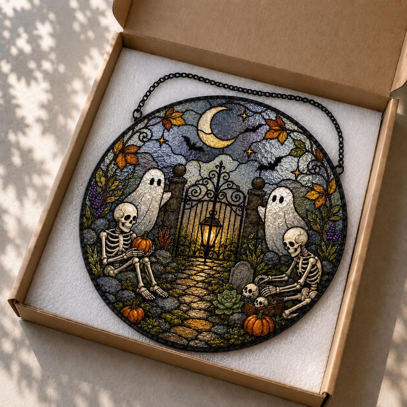 Haunted Garden Stained Glass Suncatcher, Ghost & Skeleton Halloween Window Hanging, Spooky Garden Decor Gift