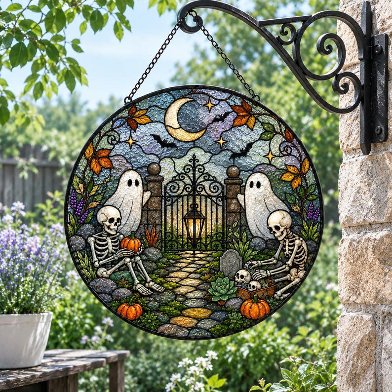 Haunted Garden Stained Glass Suncatcher, Ghost & Skeleton Halloween Window Hanging, Spooky Garden Decor Gift