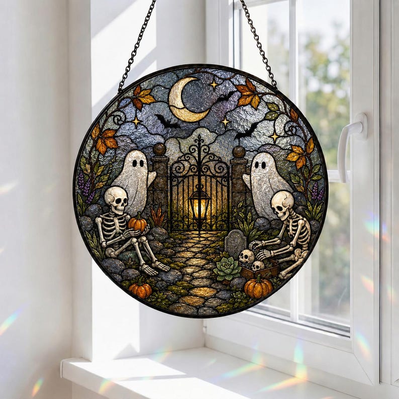 Haunted Garden Stained Glass Suncatcher, Ghost & Skeleton Halloween Window Hanging, Spooky Garden Decor Gift