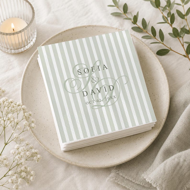 Custom Monogram Wedding Napkins, Sage Green Striped Cocktail Napkin, Personalized Engagement Party Decor