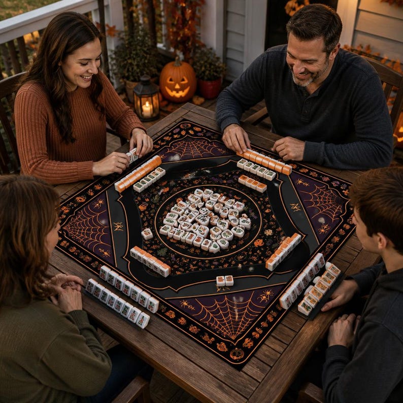 Pumpkin Cat Halloween Mahjong Mat, Tropical Palm Mahjong Mat For Novices and experienced Players, Gift for Family
