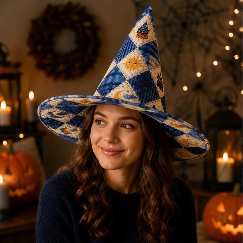 Vintage Halloween Quilted Witch Hat, Retro Patchwork Witch Costume Hat, Spooky Season Party Hat