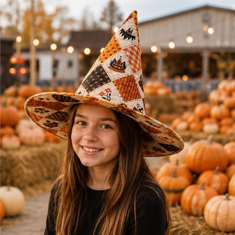Vintage Halloween Quilted Witch Hat, Retro Patchwork Witch Costume Hat, Spooky Season Party Hat
