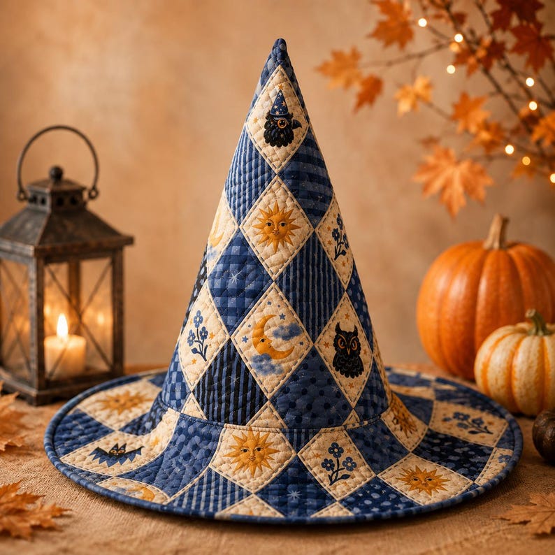 Vintage Halloween Quilted Witch Hat, Retro Patchwork Witch Costume Hat, Spooky Season Party Hat
