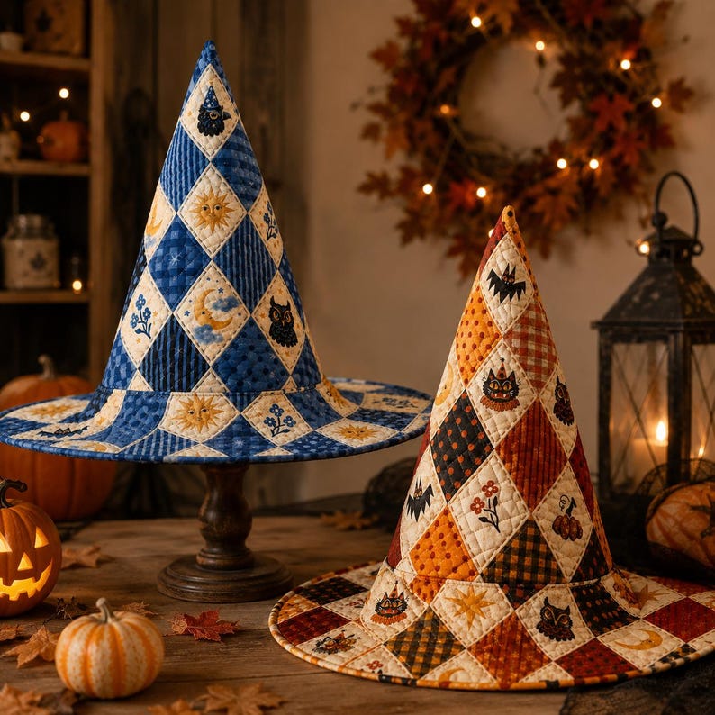 Vintage Halloween Quilted Witch Hat, Retro Patchwork Witch Costume Hat, Spooky Season Party Hat