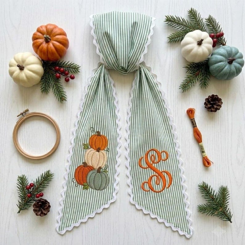 Embroidered Monogram Fall Sash, Sage Green Ticking Stripe Wreath Bow with Pumpkins, Autumn Harvest Front Door Decor