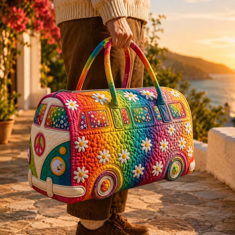 Custom Quilted Duffel Bag, Rainbow Daisy Tie Dye Weekender, Boho Road Trip Carry On