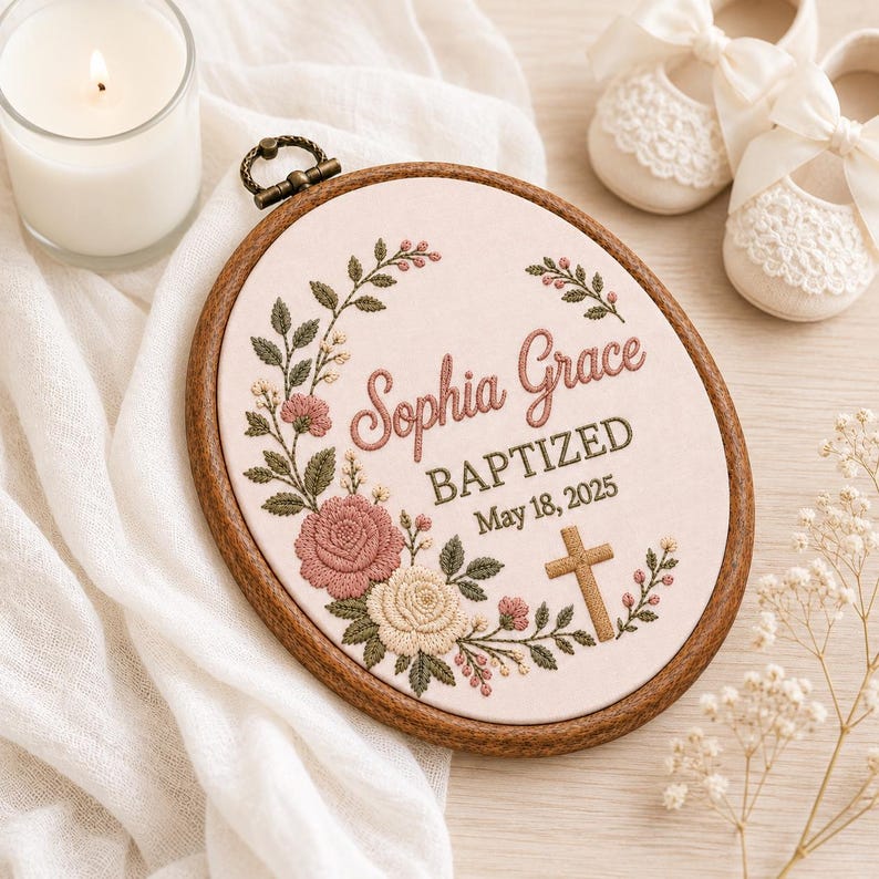 Personalized Embroidered Baptism Hoop, Custom Child Of God Name Sign With Cross, Floral Baptized Keepsake