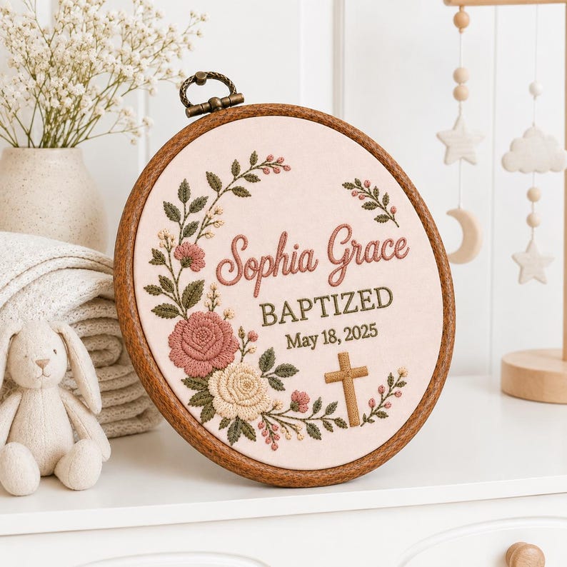 Personalized Embroidered Baptism Hoop, Custom Child Of God Name Sign With Cross, Floral Baptized Keepsake