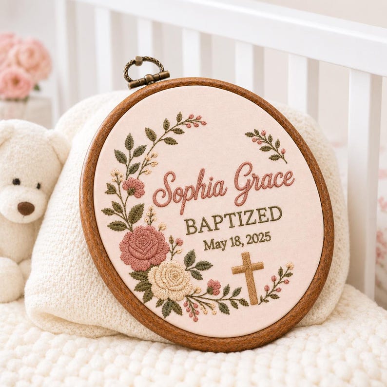 Personalized Embroidered Baptism Hoop, Custom Child Of God Name Sign With Cross, Floral Baptized Keepsake