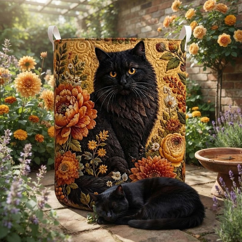 Custom Cat Quilt Laundry Basket, Autumn Floral Storage Bin, Large Hamper