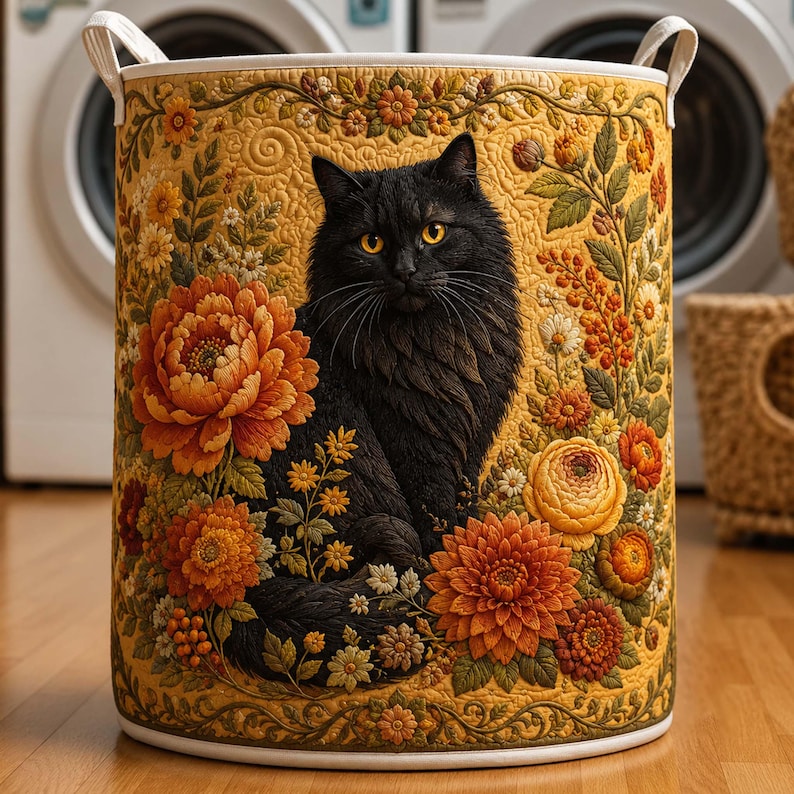 Custom Cat Quilt Laundry Basket, Autumn Floral Storage Bin, Large Hamper