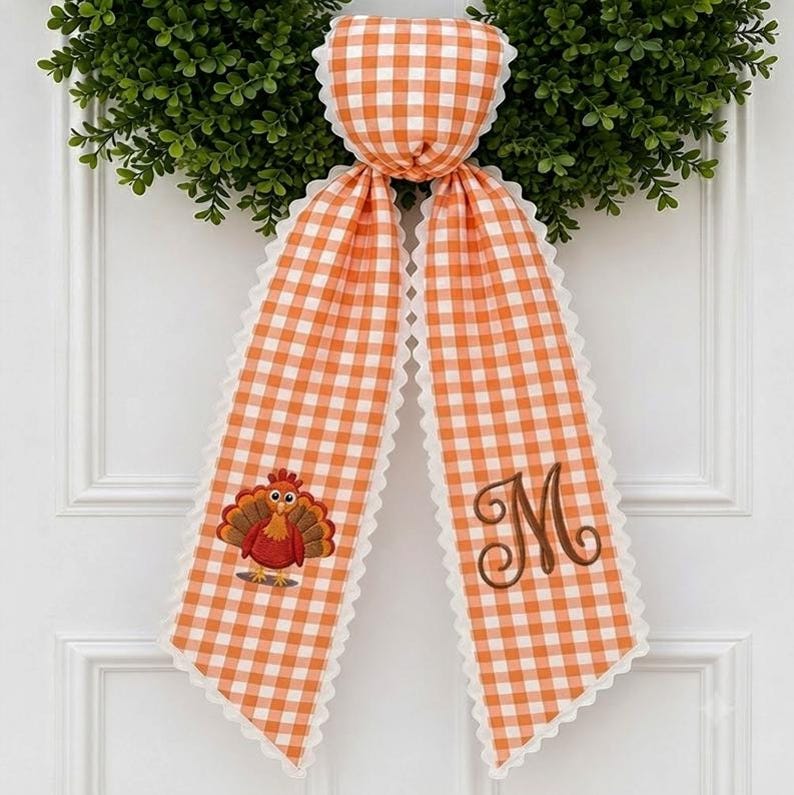 Personalized Thanksgiving Embroidered Wreath Sash, Embroidered Turkey Door Bow, Autumn Decor