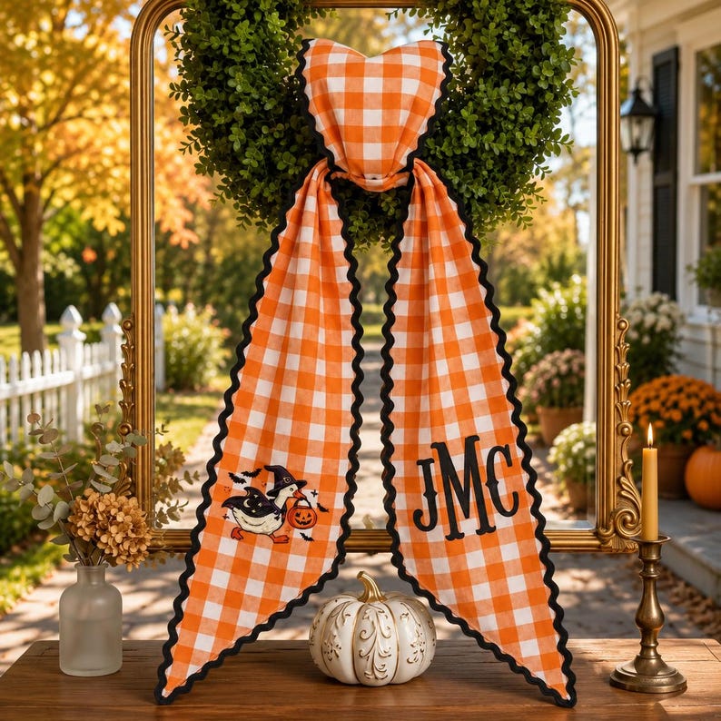 Personalized Embroidered Wreath Sash, Custom Monogram Front Door Bow, Autumn Halloween Porch Decor
