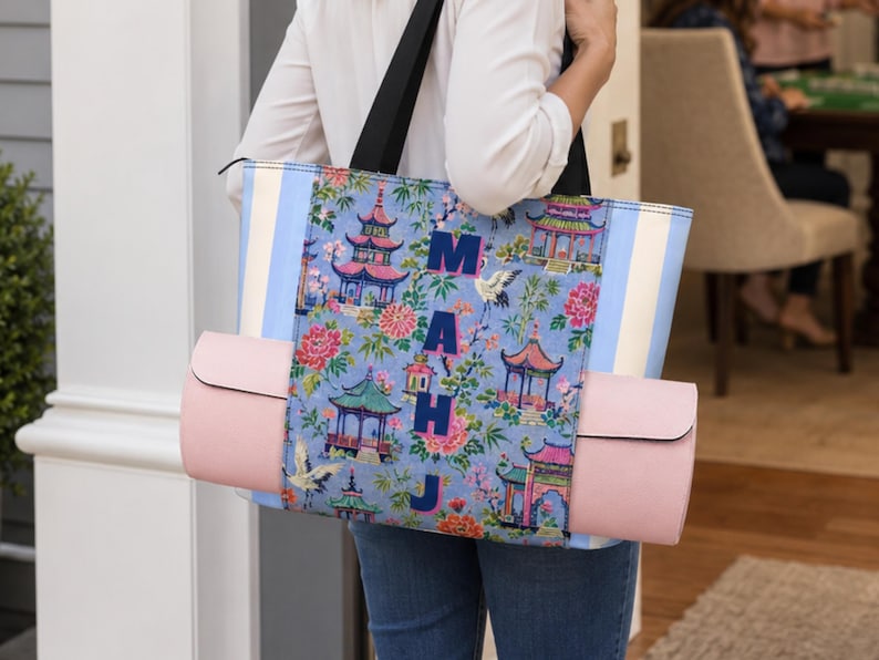 Mahjong Mat Carrying Bag, Mahjong Striped Tote with Zipper, Game Night Storage Bag, Travel Mah Jongg Organizer