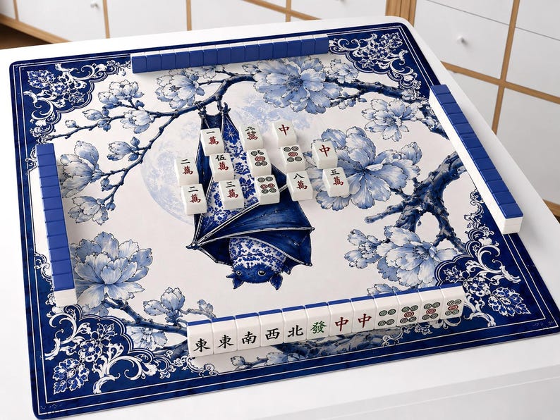 Vintage Delft Blue Floral Table Cover, Chinoiserie Bat Art Mat, Moonlit Peony Game Board, Unique Home Decor Gift