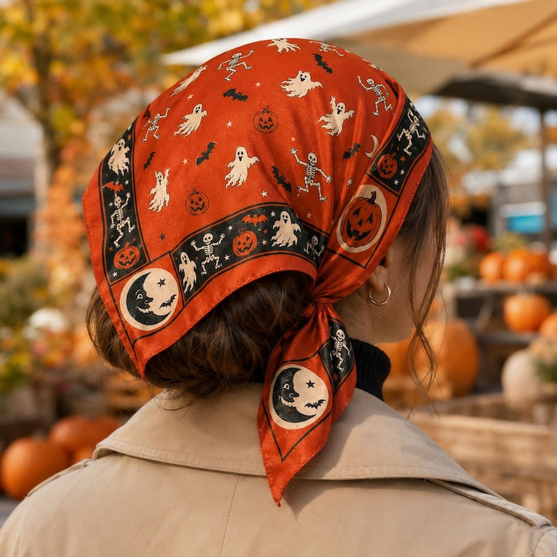Vintage Skeleton Halloween Satin Bandana, Dancing Skeleton Ghost Pumpkin Head Scarf, Orange Witchy Hair Wrap, Retro Neck Scarf