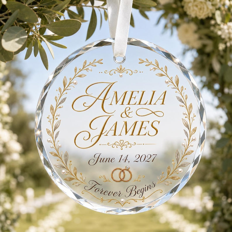 Personalized Forever Begins Wedding Crystal Ornament, Custom Names Date Engagement Gift, Bridal Shower Keepsake