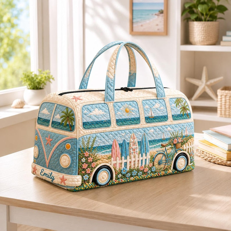 Personalized Quilted Camper Duffel Bag, Retro Beach Travel Weekender Tote