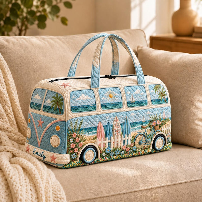 Personalized Quilted Camper Duffel Bag, Retro Beach Travel Weekender Tote