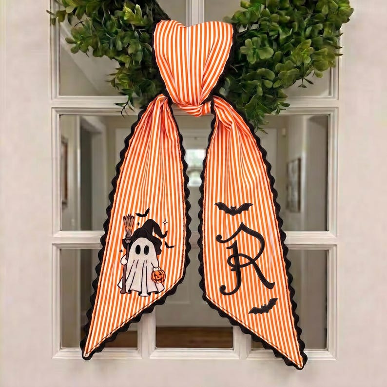 Custom Embroidery Halloween Witch Ghost Name Sash, Embroidery Monogram Spooky Bow, Custom Name Stripe Ribbon