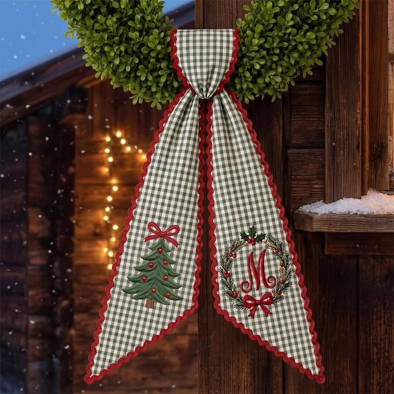 Custom Embroidery Christmas Tree Name Wreath Sash, Personalize Monogram Bow Christmas Decor, Stripe Ribbon