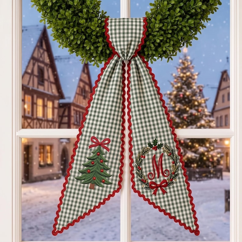 Custom Embroidery Christmas Tree Name Wreath Sash, Personalize Monogram Bow Christmas Decor, Stripe Ribbon