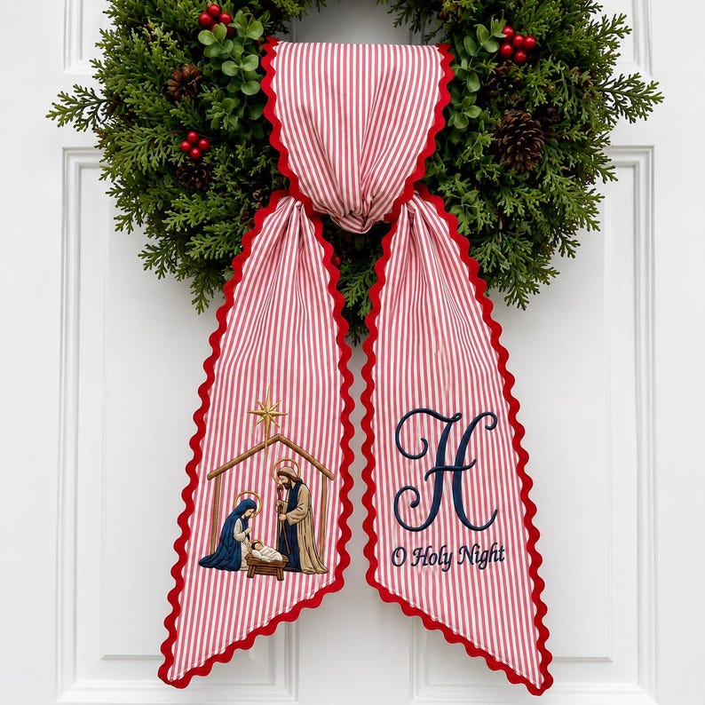 Custom Holy Family Wreath Sash, Nativity Christmas Door Ribbon, Embroidered O Holy Night Monogram Bow, Christian Holiday Decor