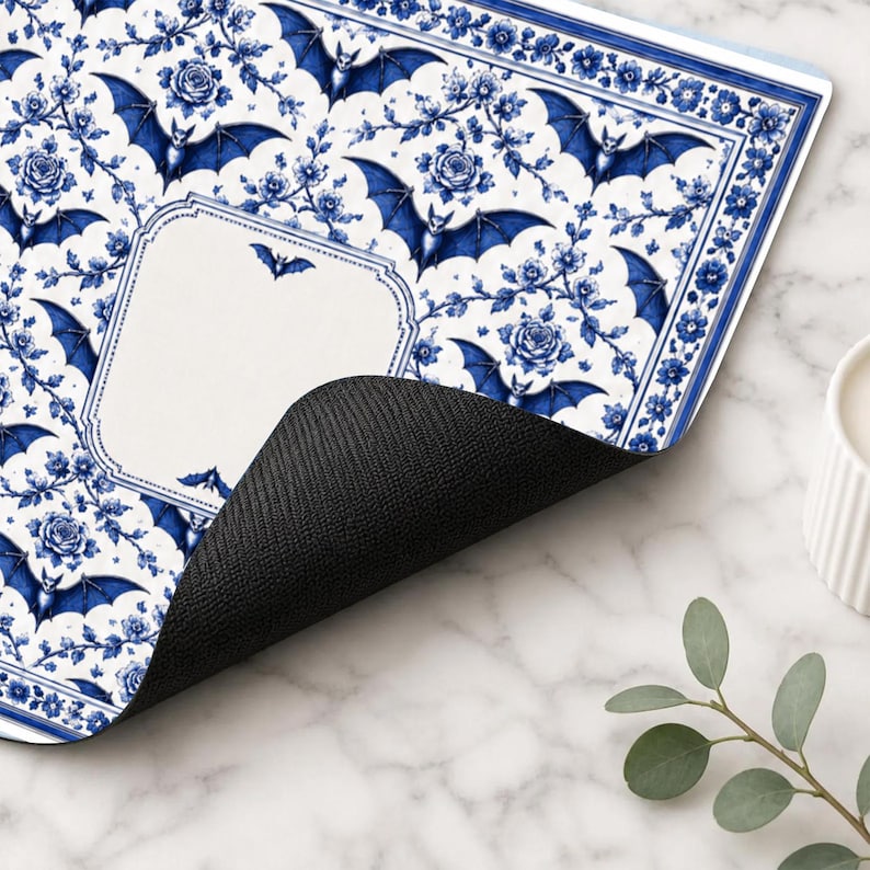 Blue Chinoiserie Bat Mahjong Mat, Gothic Floral Table Cover, Delft Blue Halloween Game Night Decor